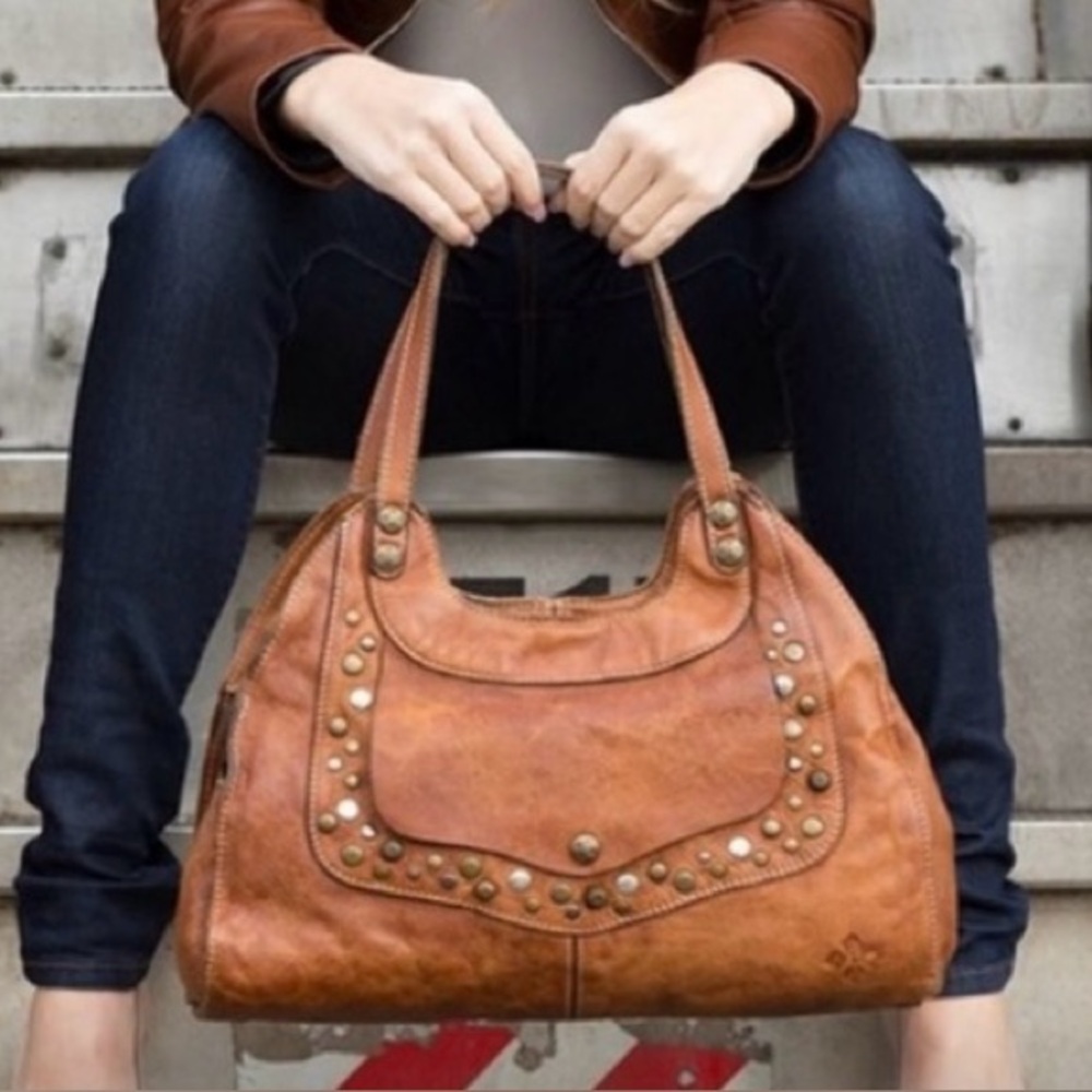 Patricia Nash Cognac Brown Leather Studded Shoulder Bag